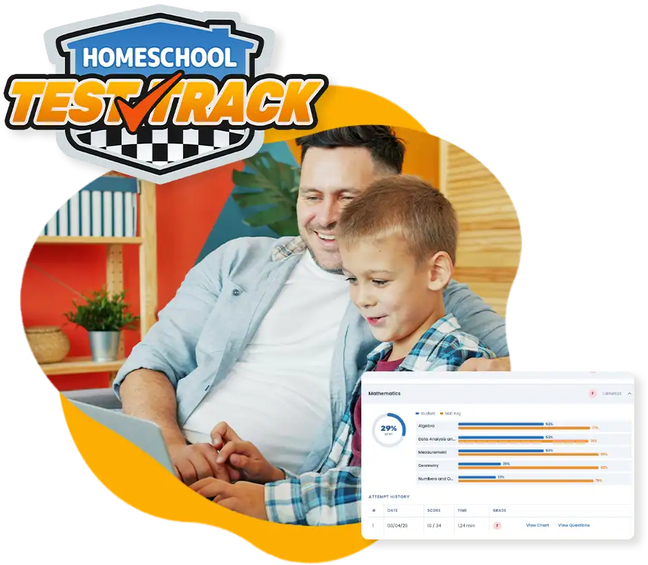 Homeschool dad and young son reviewing results for online test for academic assessement with Homeschool Test Track