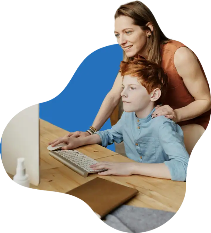 Homeschool mom and son using Homeschool Test Track online testing platform for assessing your child's academic performance and discovering learning gaps