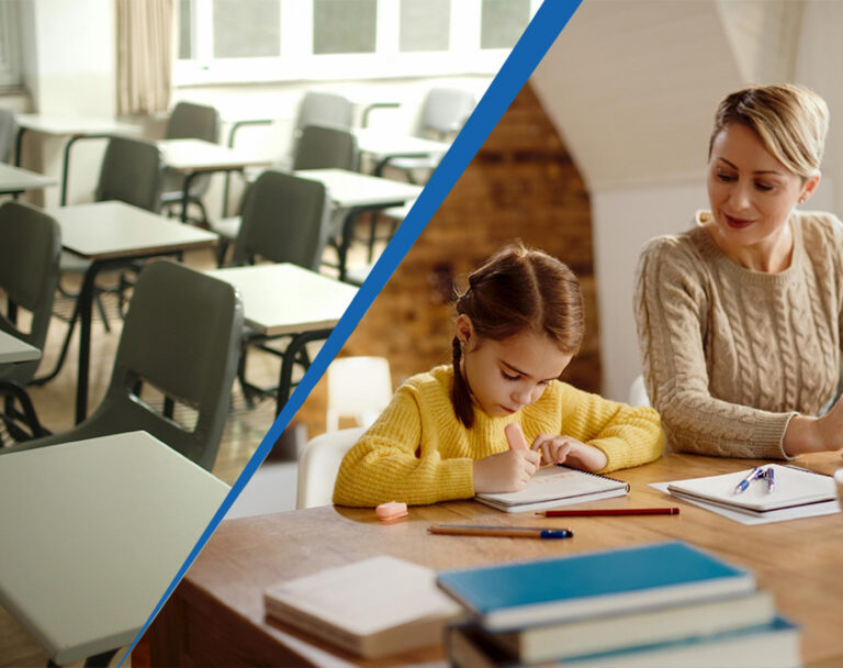 Empty public school classroom compared side by side with a mother and daughter learning together at home